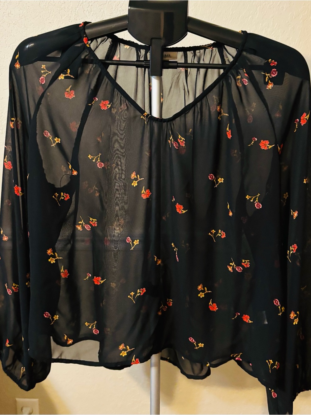 a.n.a Black Sheer Floral v-neck Blouse with Red and Yellow flowers